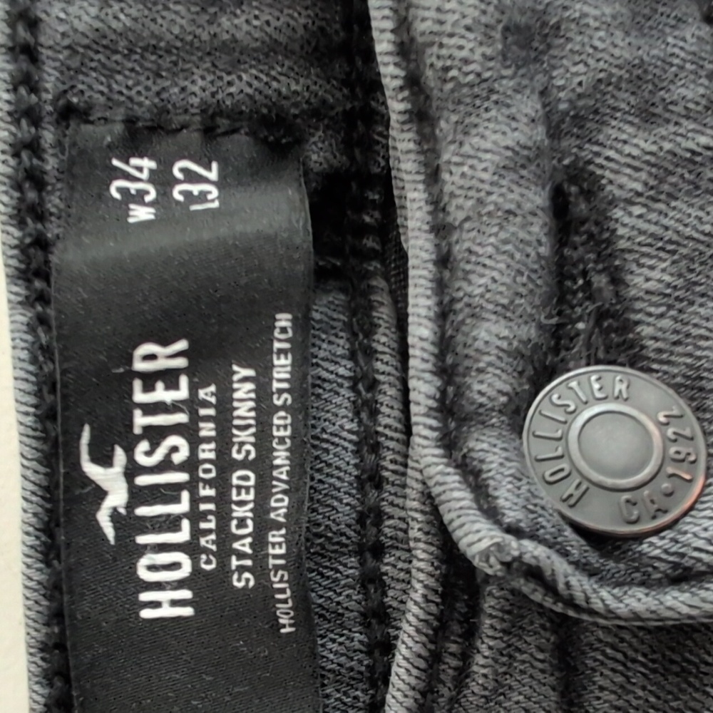 Hollister Stacked Skinny Jeans Black Distressed Red Plaid Knees 34x36 - Picture 6 of 12